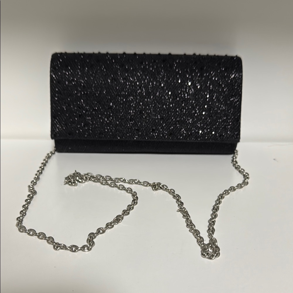 Jessica Mc Clintock Elegant Black Glitter Clutch with Chain